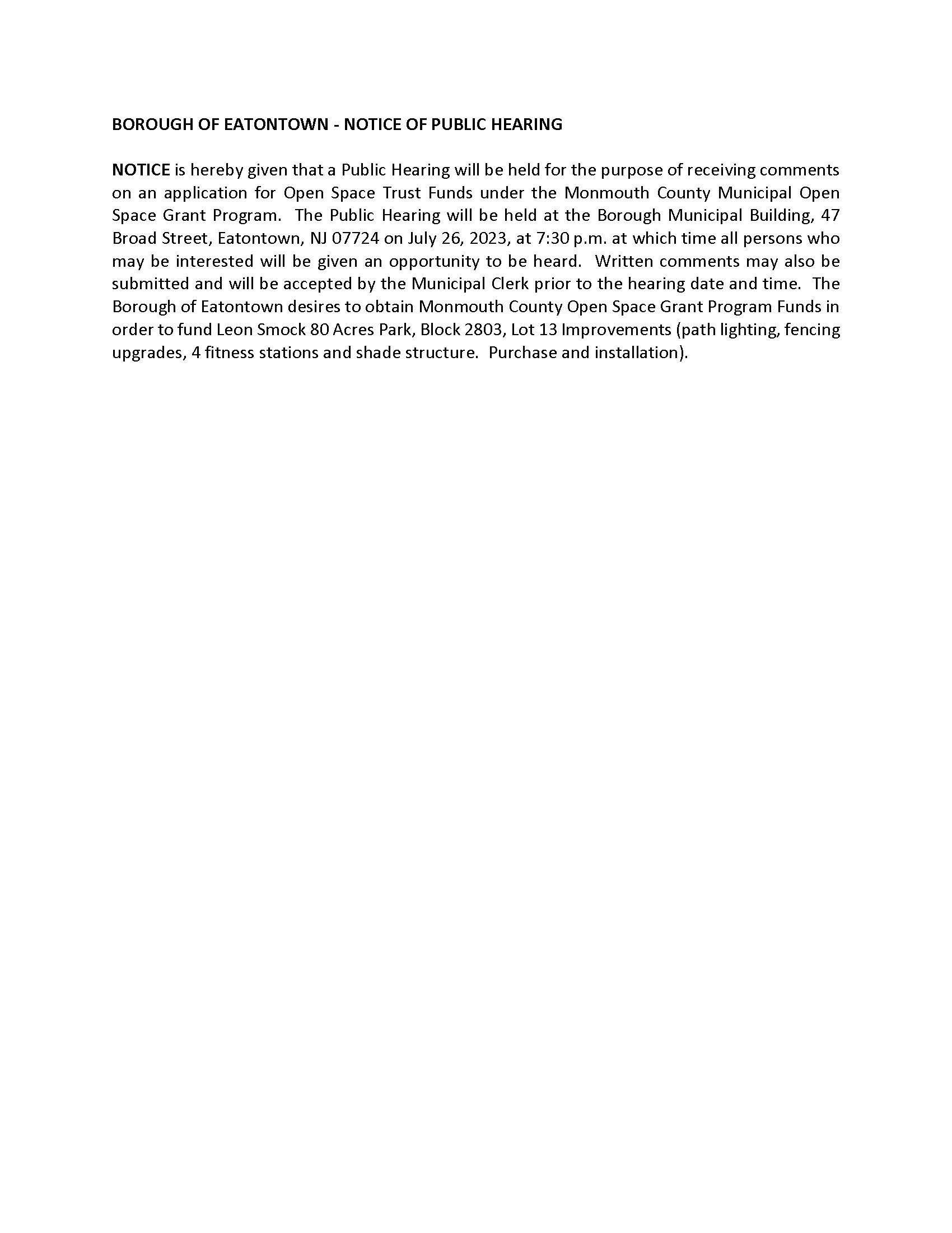 Notice of Public Hearing Monmouth County Open Space 2023