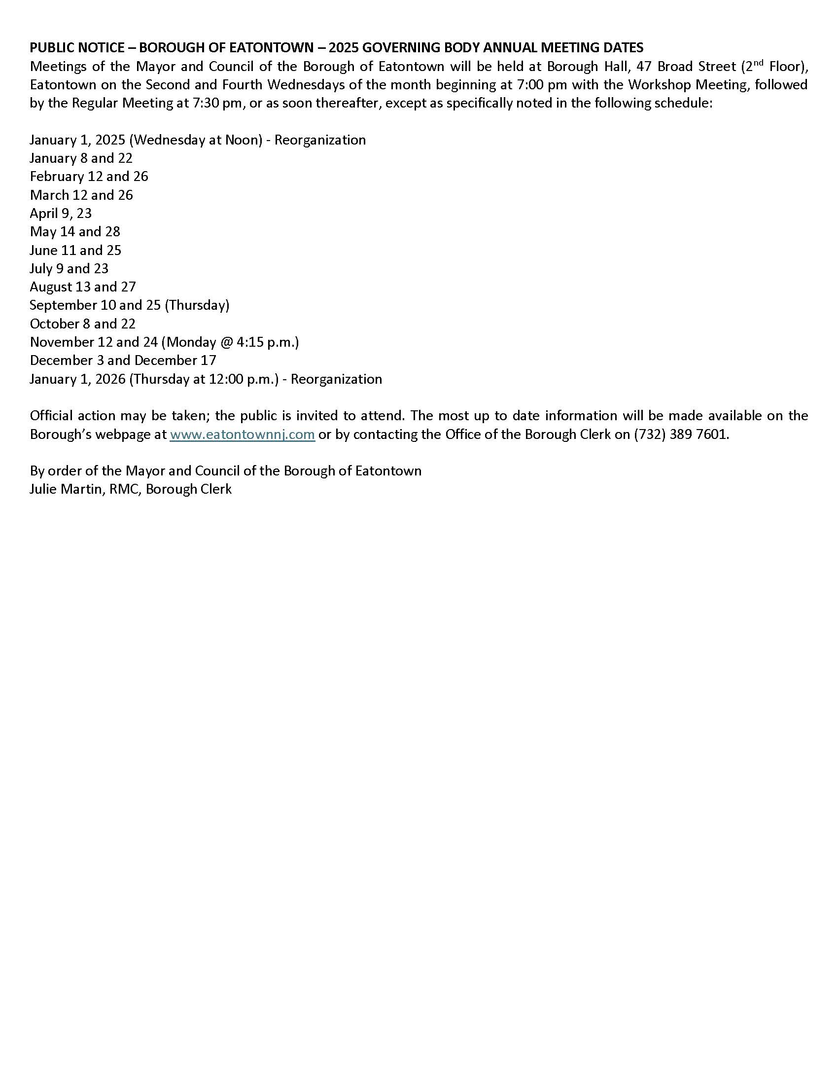 Public Notice 2025 Annual Meeting Dates