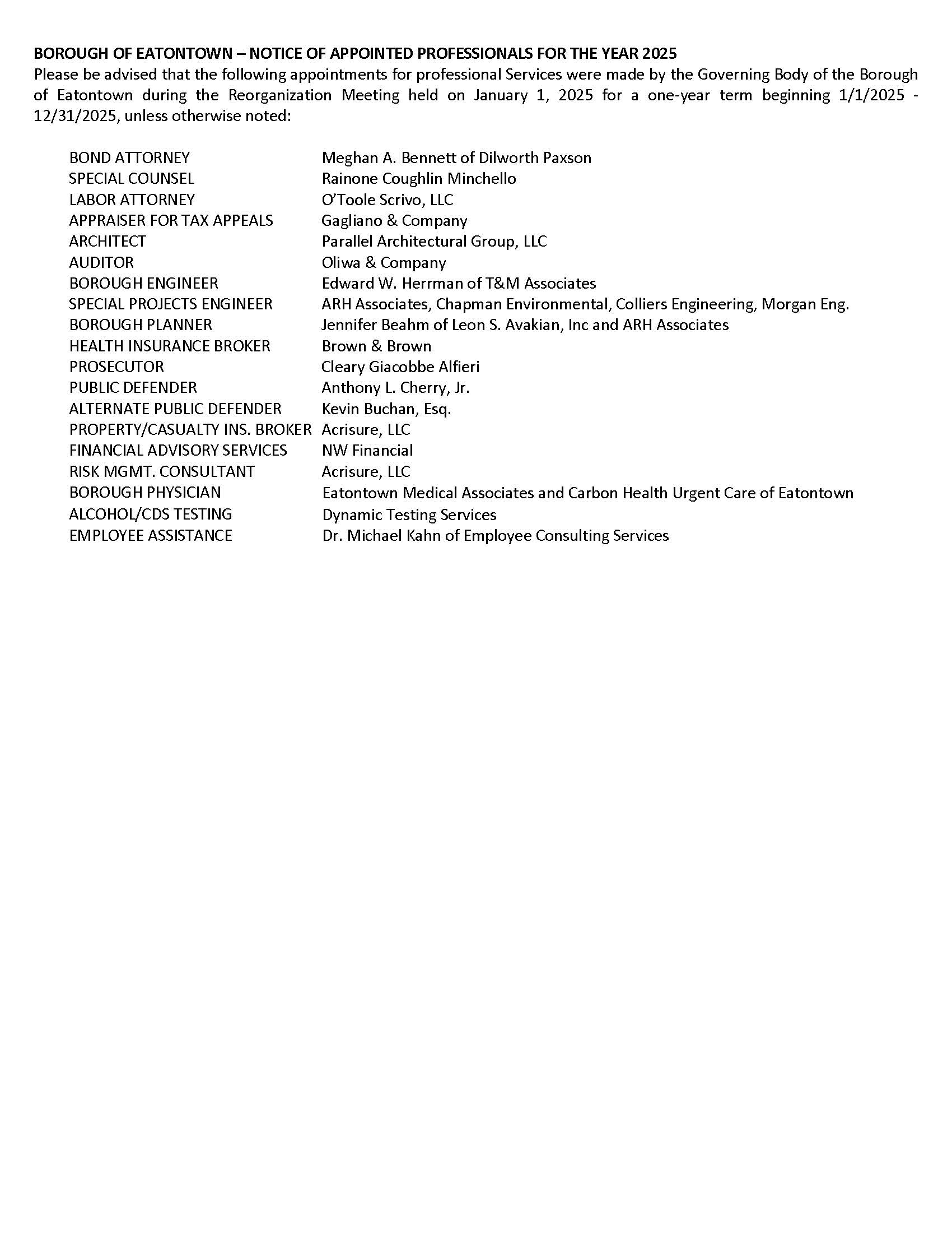 Notice of Appointed 2025 Professionals