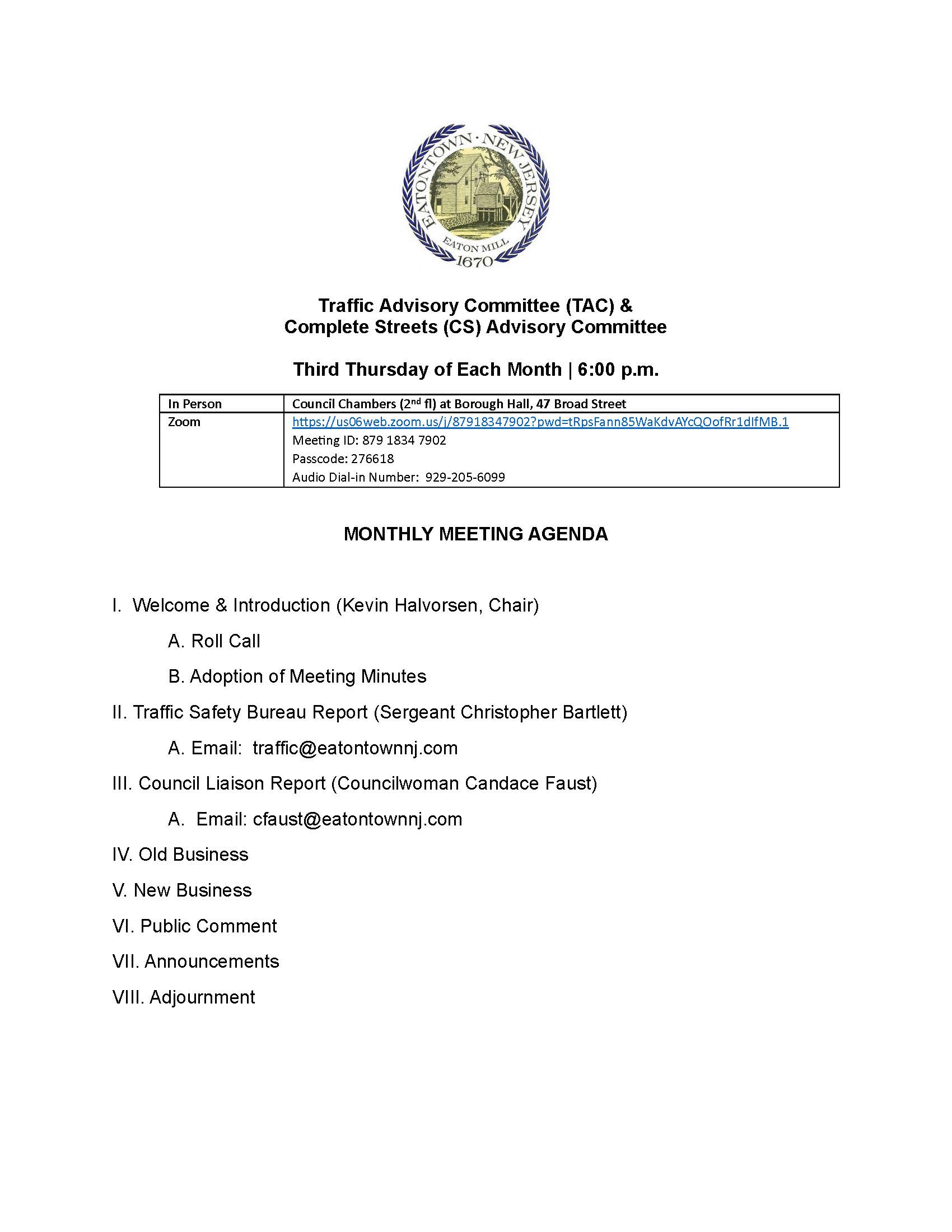 TAC - Monthly Agenda