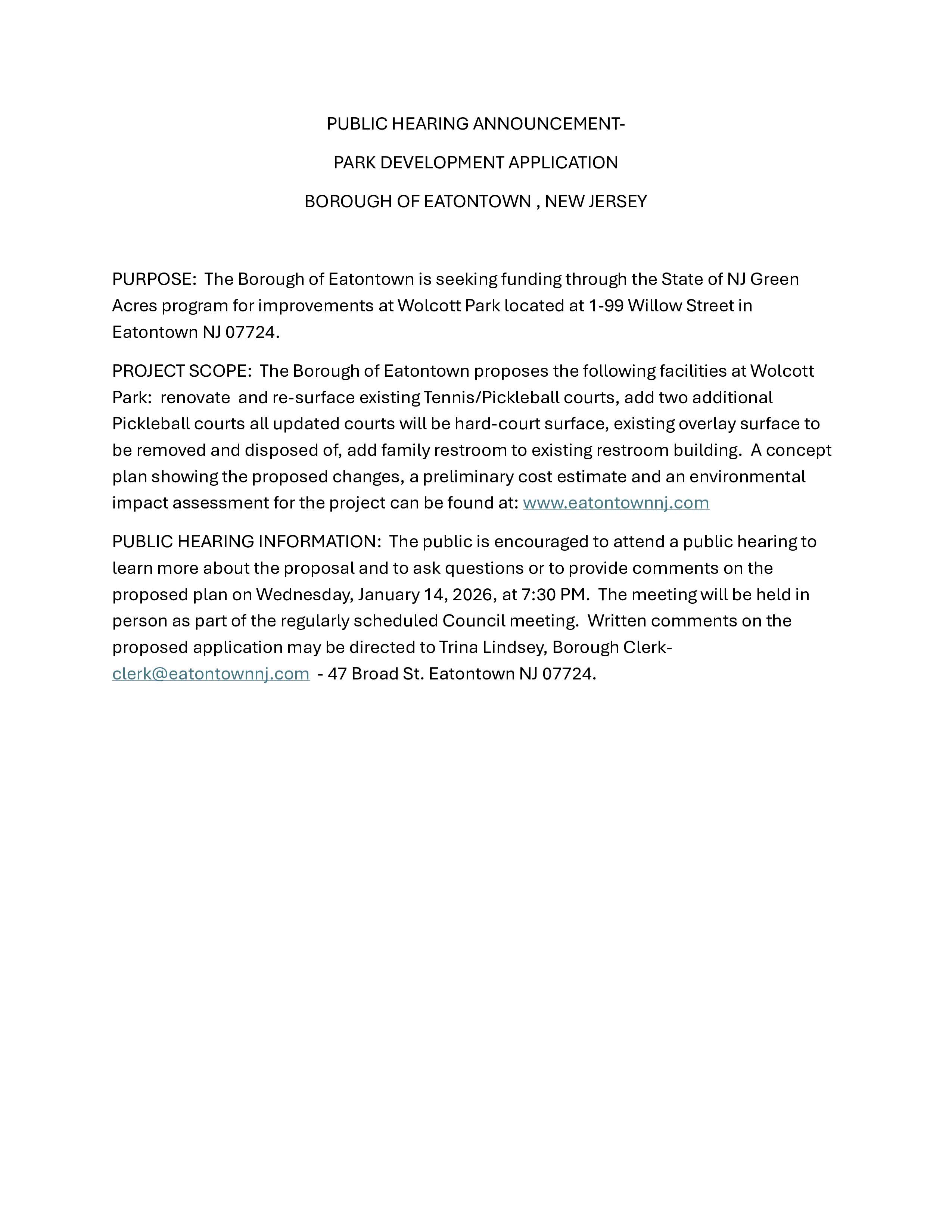 2026 Green Acres Park Improvement Wolcott Public Hearing Announcement