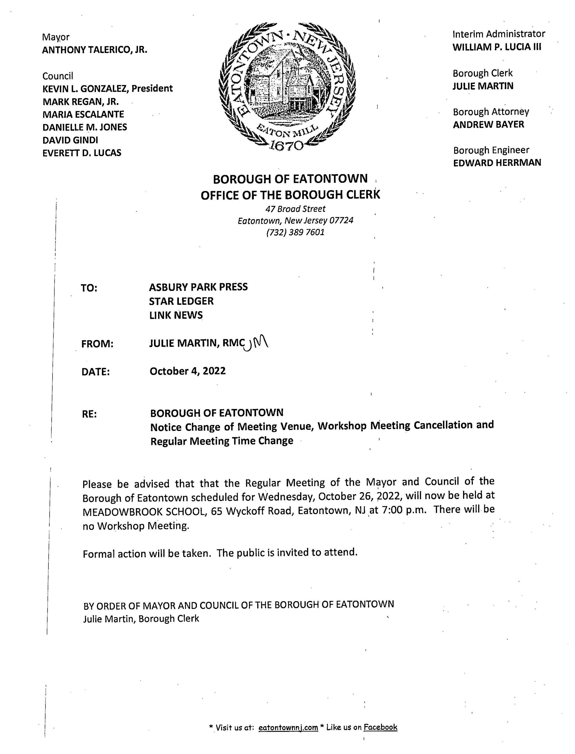 10-26-2022 Meeting Venue Change